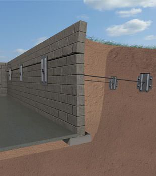 Graphic render of an installed foundation wall anchor system